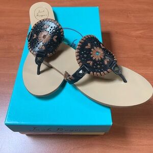 Jack Rogers Georgica Black and Cognac Leather Sandals.  Like New!